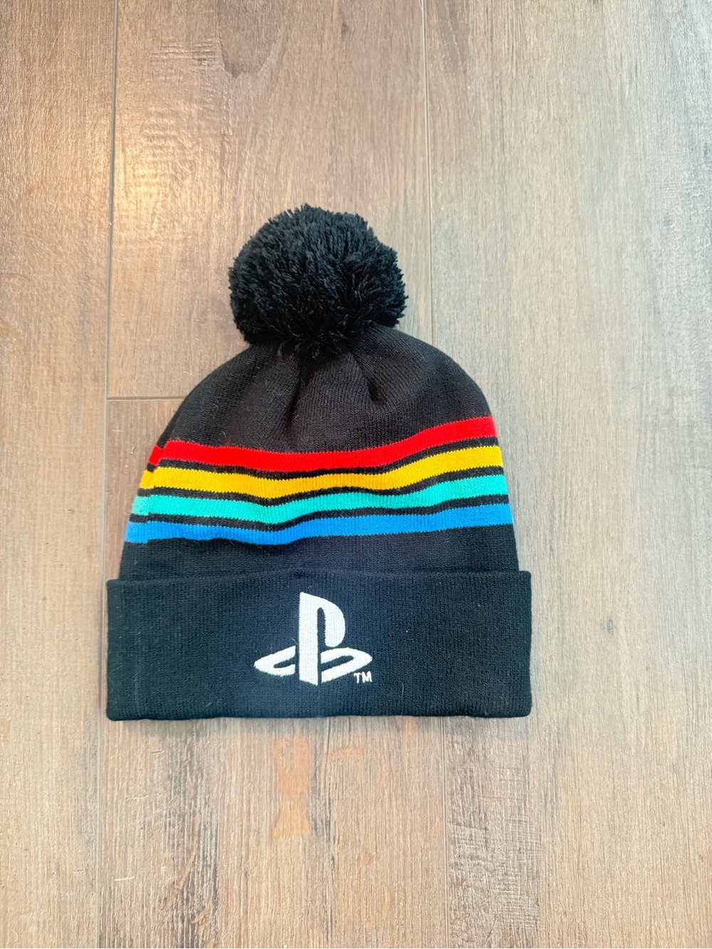PlayStation Pom Pom Beanie Hat - Black w/ Multicolor Stripe Logo